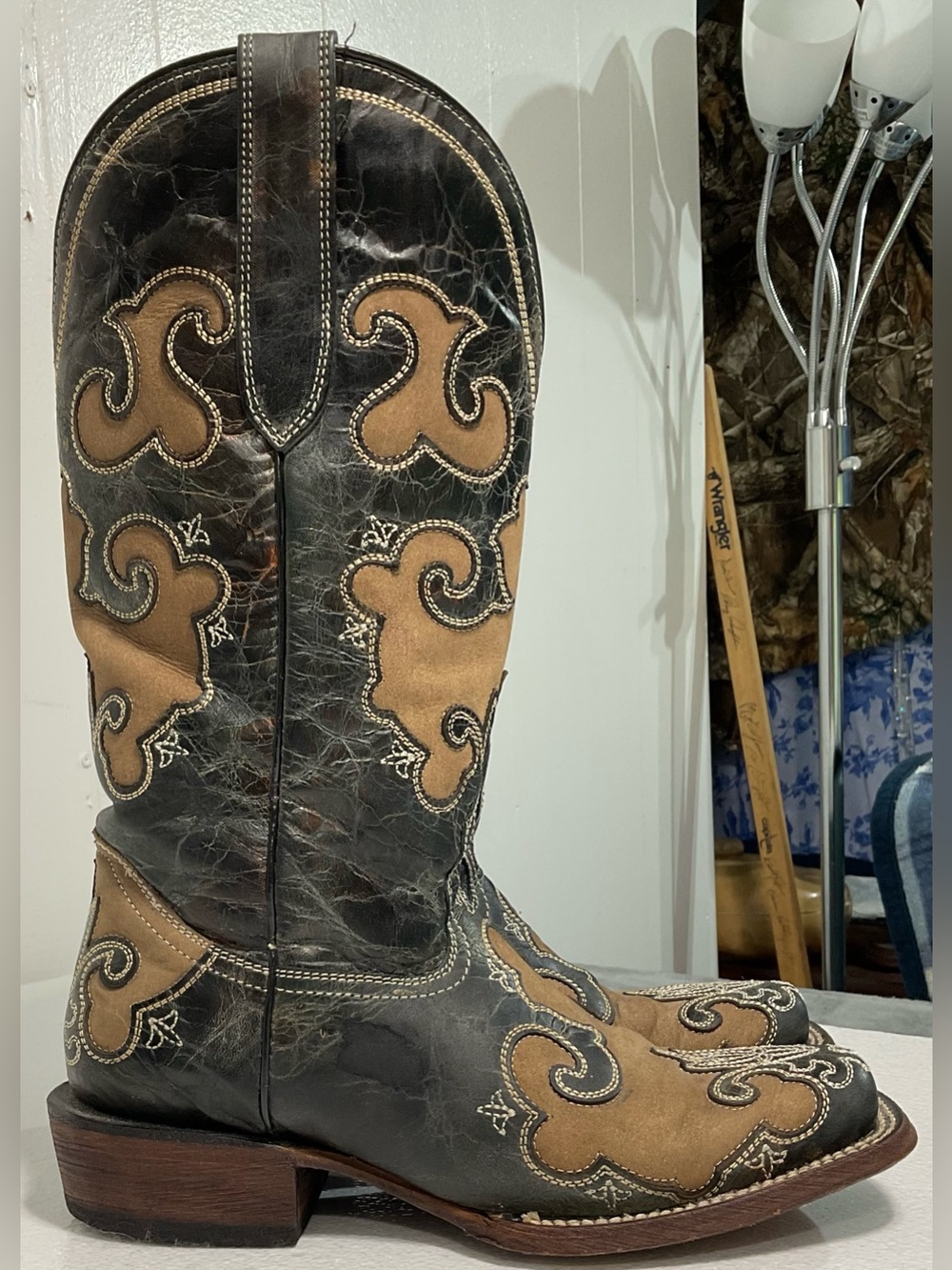 J.B. Dillon Two-Tone Black and Tan Embroidered Cowboy Boots